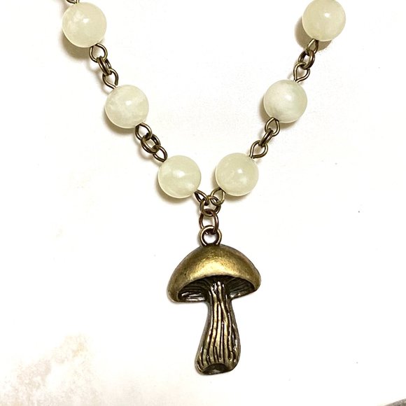 Natural Pale Green Serpentine Necklace, Bronze Slim Mushroom + Genuine Gemstone - Picture 4 of 14